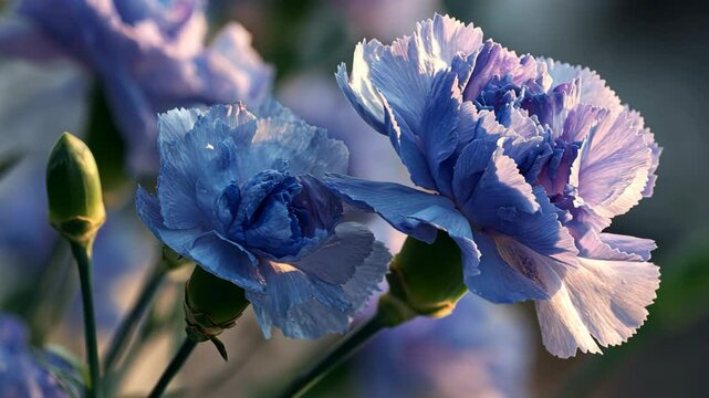 beautiful blue carnation flower blossoming against sunlight