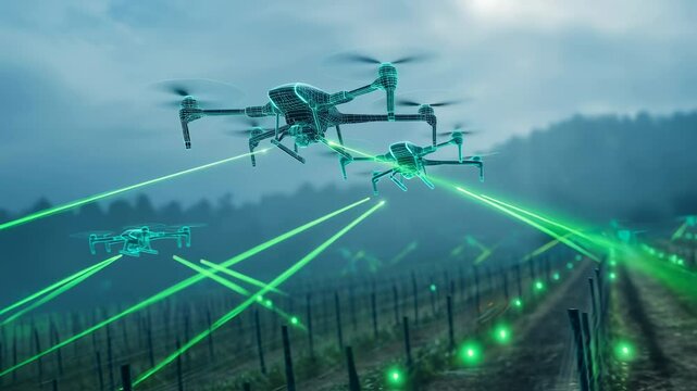 Innovative drones equipped with green laser technology scan a vineyard, showcasing precision agriculture and advanced crop monitoring in action