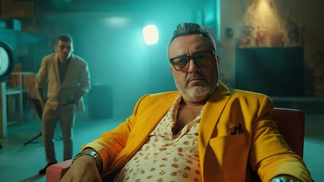 Powerful man in yellow jacket sits in chair. Serious man with gray hair and glasses poses for photo. This image is perfect for crime thriller movie posters or gangster film production.