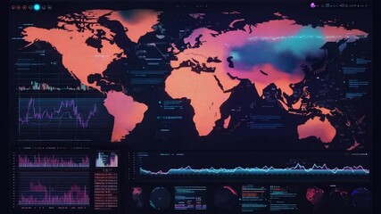 Animated world map with data visualization and graphs showing global trends and stats - Powered by Adobe