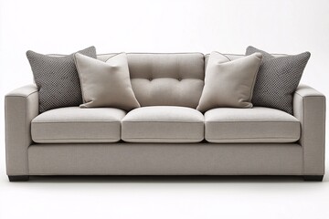 Fototapeta premium Modern Sofa Furniture in Minimalistic Living Room. Cozy and Comfortable Upholstery with Soft Cushions for Chic Home Decor - Neutral Colors, Contemporary Style & Designer Elegance