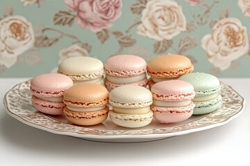 Fototapeta premium Freshly baked macarons in pastel colors, arranged on a delicate porcelain plate.