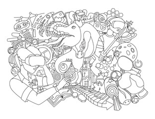 Coloring page. Virtual reality. People with smart glasses. Technology, games, science, virtual education. Line sketch, vector illustration