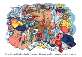 Virtual reality. Find hidden objects in the picture. People with smart glasses. Technology, games, science, virtual education. Line sketch vector illustration