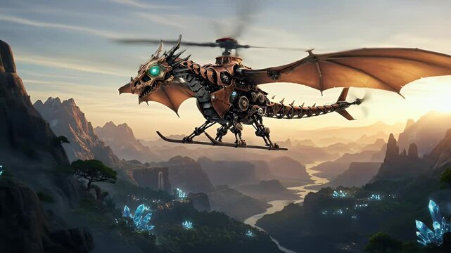 Steampunk dragon helicopter over valley landscape