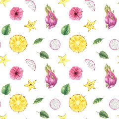 Seamless tropical watercolor pattern with pitaya, pineapple slices, starfruit, and leaves. Hand painted exotic botanical fruits isolated illustration for healthy food packaging, summer fashion textile