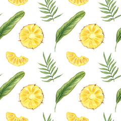 Pineapple slices among banana and areca palm leaves seamless tropical watercolor pattern isolated background. Fruit and tropical leaves for summer packaging, resort decor, textile designs