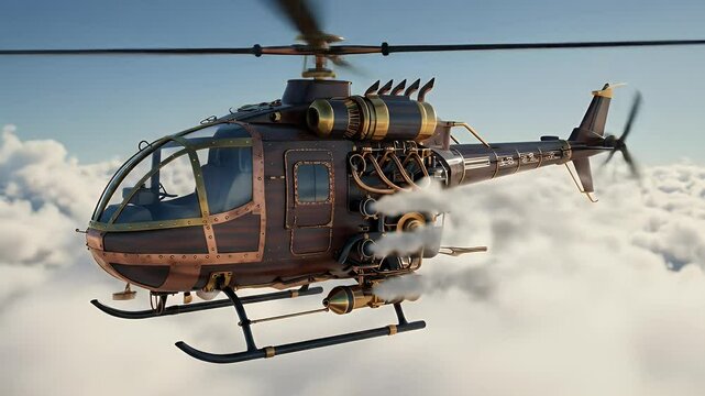 Steampunk helicopter in flight above clouds