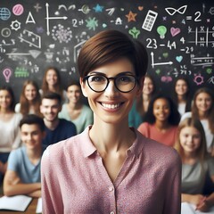 A realistic image of a smiling teacher standing in front of a chalkboard covered in notes and formulas written in white chalk.