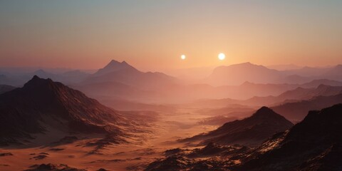 Naklejka premium Alien Desert Landscape with Dual Suns and Rugged Mountains