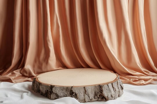 Elegant Rustic Wooden Stump Display. Minimalist Showcase with Satin Drapery for Artistic Home Interiors