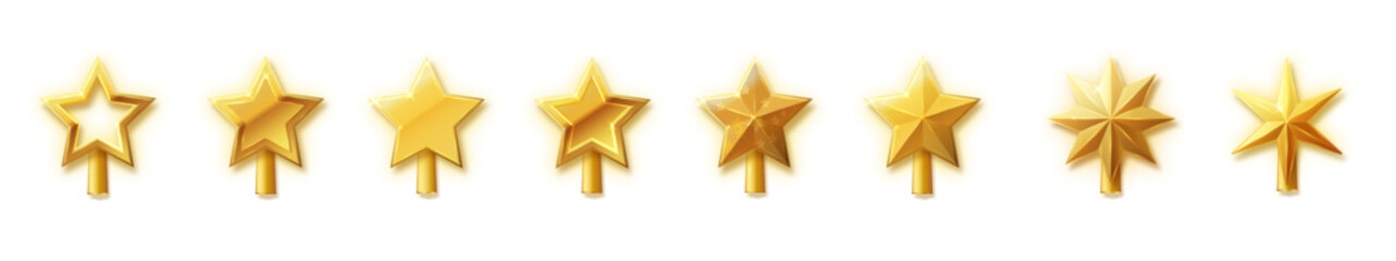 Christmas gold tree topper vector. 3d realistic golden star decoration in deco style, decorative traditional shiny design for top of Xmas pine tree in winter season isolated on white.