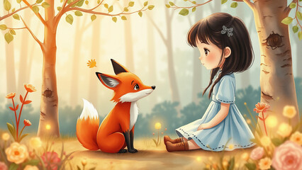 Little Girl Sitting with Fox in a Magical Forest – Soft Pastel Storybook Illustration