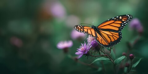 Obraz premium Monarch Butterfly Resting on Purple Flower in Natural Green Setting