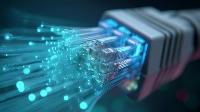 Light pulses travel through fiber optic cables, transmitting data at high speed in a network infrastructure, with a focus on internet connectivity and information transfer