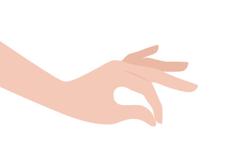Hand holding something with thumb and index finger, isolated on white background. Flat vector illustration