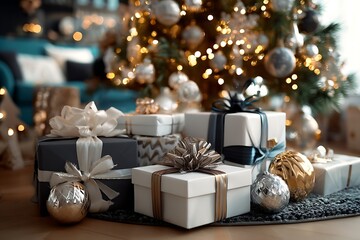 Festive christmas scene with presents under a decorated tree in a cozy living room setting indoors