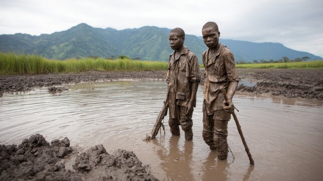Mudmen of Asaro participating in traditional activities in the highlands of Papua New Guinea during an overcast day
