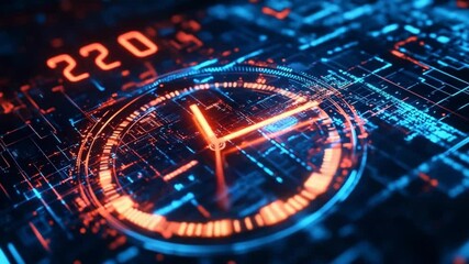 Abstract futuristic clock with time passing over a complex digital circuit - Powered by Adobe