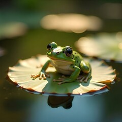 Naklejka premium Frog Resting on Lilly leaf , Moist Woodland After Rain