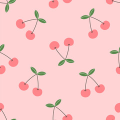 Seamless cherry pattern on pink background. Vector illustration for printing. Background with food and drinks. Cute baby background for girls