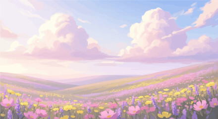 Fototapeta premium Lavender Field Under Pastel Sky with Clouds 