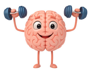 A cartoon brain lifting dumbbells with a happy expression on a black background in a rendered image