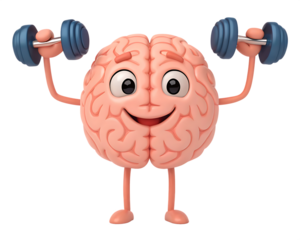 A cartoon brain lifting dumbbells with a happy expression on a black background in a rendered image