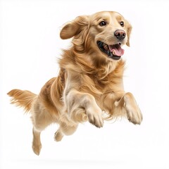 Happy Golden Retriever Jumping and Playing Outdoors. Fun, Adorable Pet in Motion