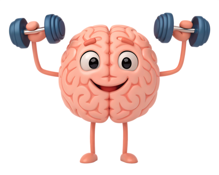 A cartoon brain lifting dumbbells with a happy expression on a black background in a rendered image