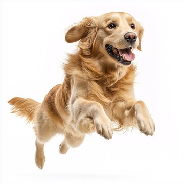 Happy Golden Retriever Jumping and Playing Outdoors. Fun, Adorable Pet in Motion