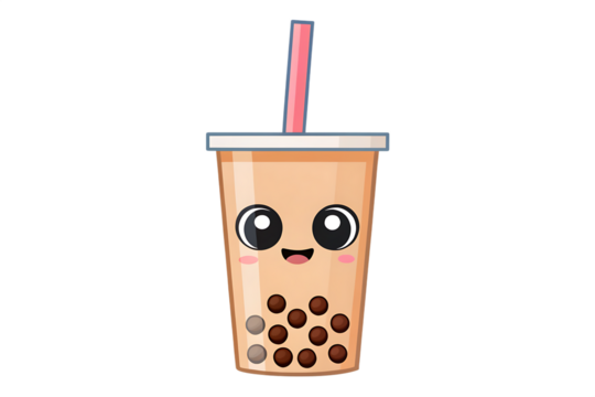 A cartoon boba tea cup with a pink straw and big eyes on a black background is centered in the image - Powered by Adobe