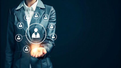 Target customer, buyer persona, customer behavior concept. Businessman shows target customer on virtual screen. Marketing plan and strategies. Personalization marketing, customer centric strategies.AI