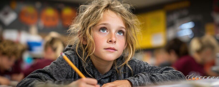 Young girl attentively studying in a classroom with lively background details