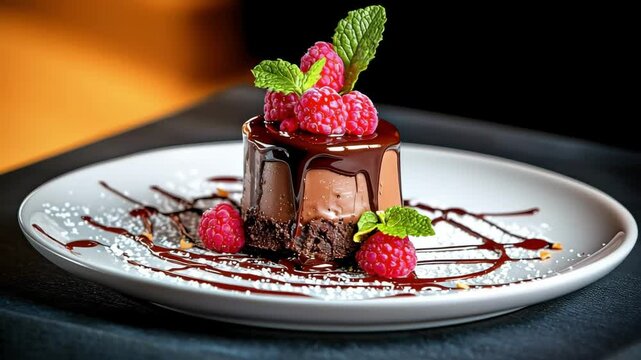 Decadent chocolate dessert topped with fresh raspberries and mint leaves, drizzled with rich chocolate sauce on a plate.