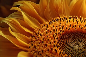 A close up of a bright yellow sunflower with a dark background showing intricate details of the flower
