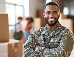 Smiling Soldier in Uniform Standing with Arms Crossed Near Moving Boxes at Home