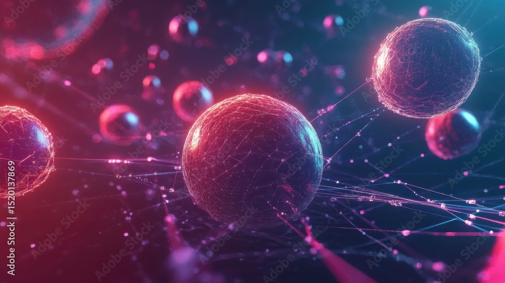 Poster abstract network of connected spheres with glowing nodes in a dark blue and red environment