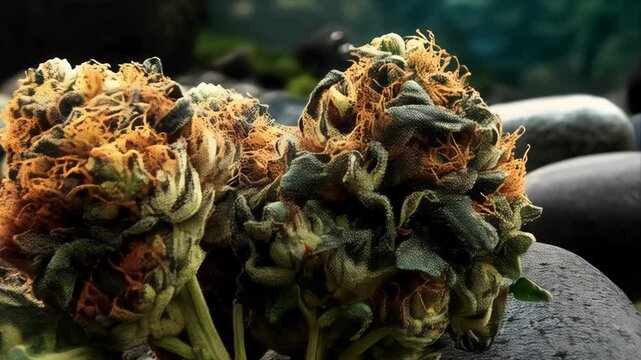 Detailed close-up of dried floral clusters with orange stigmas resting on smooth dark river stones and green mossy patches in dim lighting.