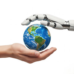 Human and Robot Holding Earth Together on White Background