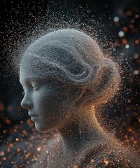 A detailed statue of a womans head, made from intricate particles