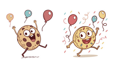 Cute cookies cartoon with  expressions vector illustration. Cartoon mini cookie. Cute celebration jump expression of cookies cartoon character.