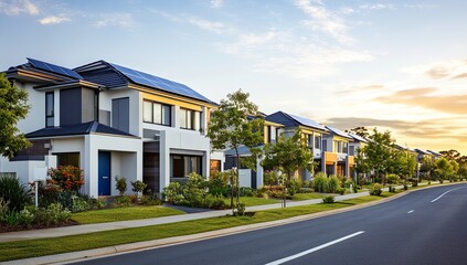 Modern Two-Story Townhouses with Solar Panels Along Asphalt Road at Sunset