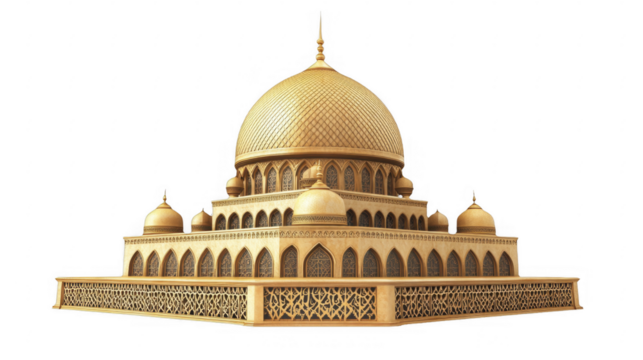 Ornate golden mosque structure on a transparent background, PNG image, PNG file.