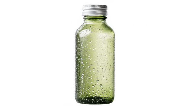 Glass bottle filled with liquid and water droplets on a transparent background, PNG image, PNG file.