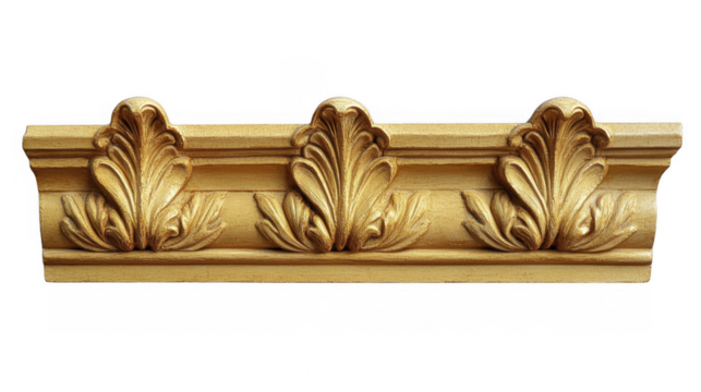 Ornate golden acanthus leaf molding, detailed woodworking on a transparent background, PNG image, PNG file.
