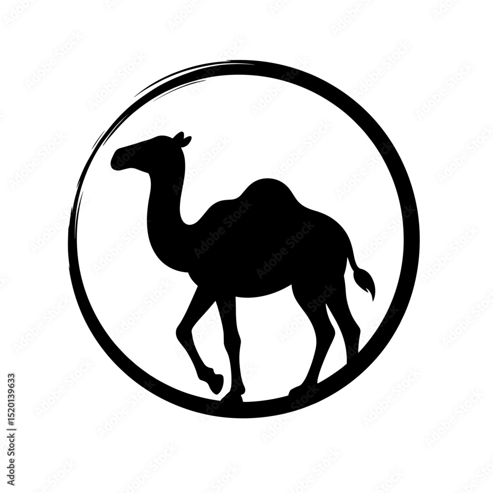 Poster a stylized, minimalist silhouette of a majestic camel inside a circular frame, with a strong emphasi