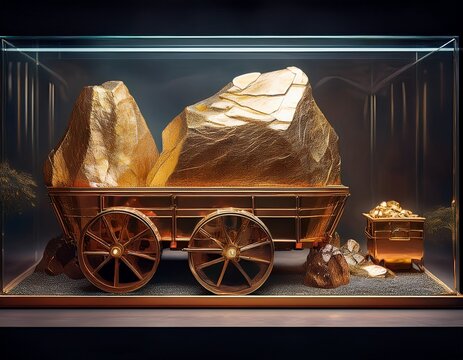 display of mining heritage featuring stone block golden mining cart and copper mining cart under glass protection