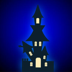 Haunted House Silhouette Vector – Spooky Halloween Castle with Glowing Windows and Gothic Night Scene