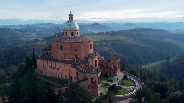Aerial drone view of the Sanctuary of the Madonna di San Luca, a famous basilica located on a hilltop in Bologna, Emilia-Romagna, Italy